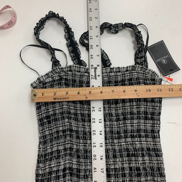 Volcom Shirred Mini Dress Womens XS Extra Small Check Plaid Square Neck Bodycon - Picture 7 of 16